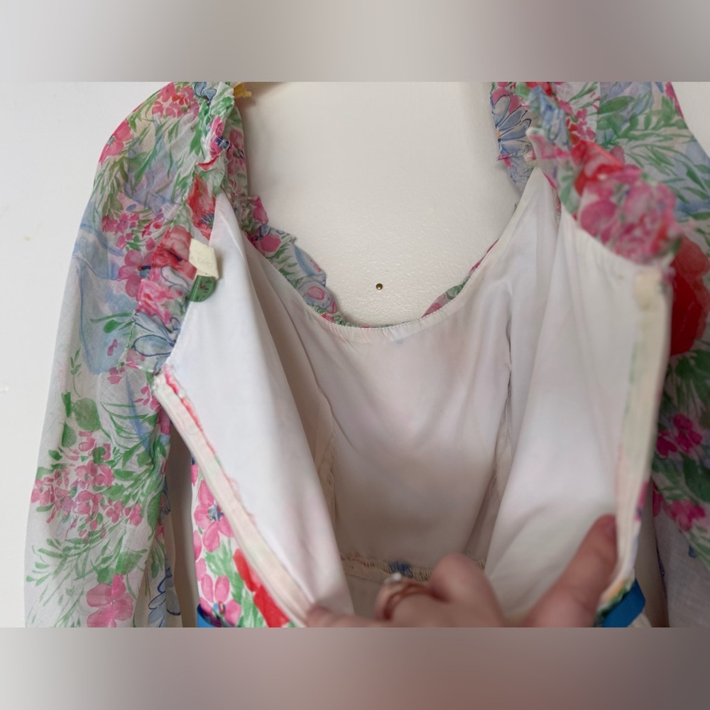 Vintage 1970s Pastel Floral Garden Maxi Dress Sheer Peasant Sleeve Womens Sz Lg - Picture 8 of 15